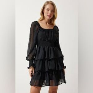 EUC Altar’d State Brand Layered Ruffle Long Sleeve Black Dress LBD Size XL